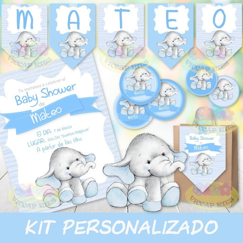 Kit Imprimible Elefantito Celeste Personalizado
