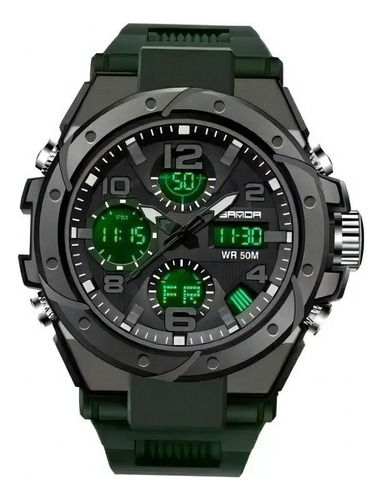 Relógio Masculino Militar Sanda 6024 Shock Prova D`água 5atm Cor Da Correia Preto Cor Do Bisel Verde Cor Do Fundo Preto