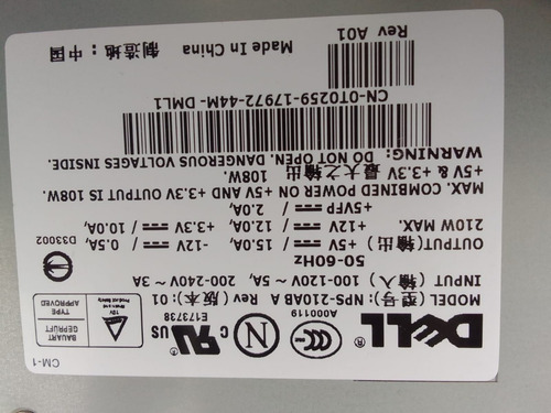 Fuente Poder Dell Model Nps-210ab A 100-120v Output 210w Max (Usado)