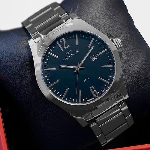 Relógio Technos Masculino Prata Azul Original Com Calendário