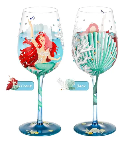 Nymphfable Copa De Vino Pintada A Mano De La Sirenita, 15 Oz