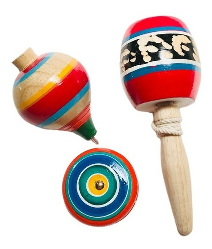 6 Juguetes Artesanales En Madera, Trompo, Balero Y Yoyo.