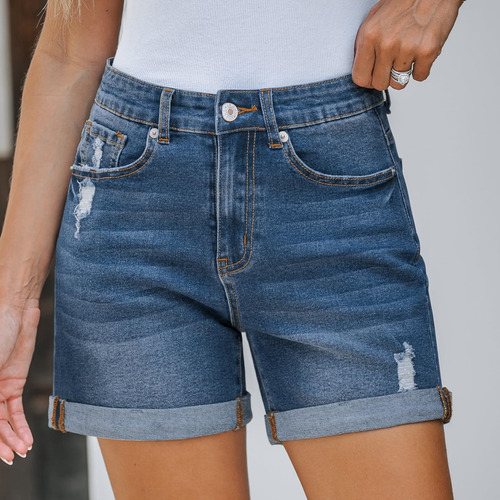 Pantalones Cortos De Mezclilla V Para Mujer, Color Liso, Cóm