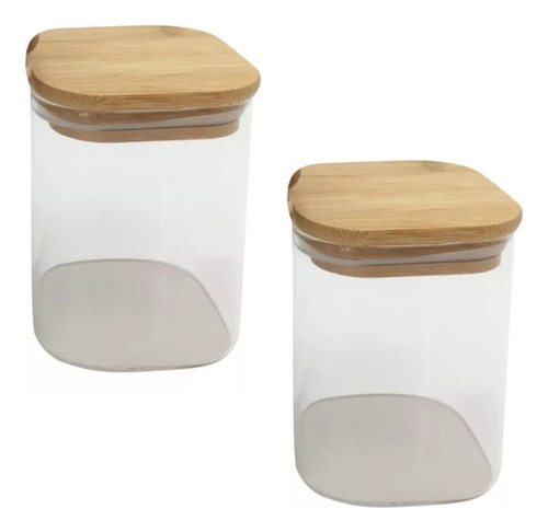 Set X 2 Bollón Vidrio Hermético C/tapa Madera Y Goma 600ml