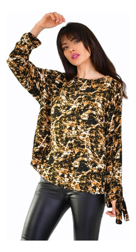 Blusa / Remera Manga Larga Con Lazo En  Mangas Animal Print