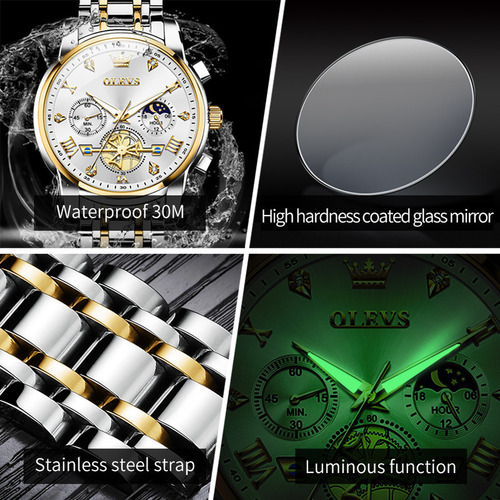 Reloj De Cuarzo Olevs Luminous Business Con Cronógrafo Color Del Fondo Silver Golden White