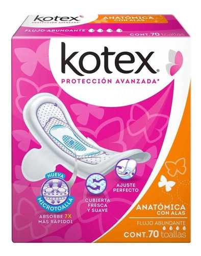 Toallas Femeninas Kotex Anatómica Con Alas 70 Piezas