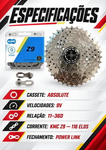 Cassete K7 Bike 9v Absolute 11/36 Corrente Kmc Z9 116 Elos