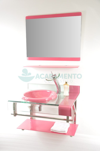 Gabinete De Vidro Banheiro Rosa 70 Cm + Misturador Rosa