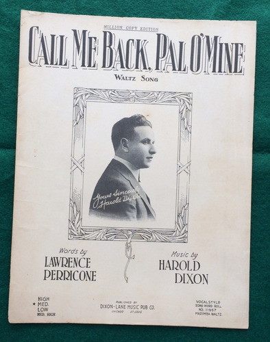 1921 Partitura Antigua Musica Made In Usa Call Me Back Pal  