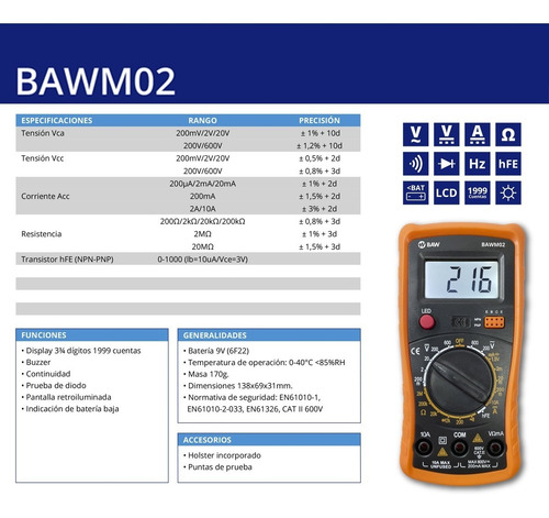 Imagen 5 de 9 de Multimetro Tester Digital Medidor Display Led Bawm02