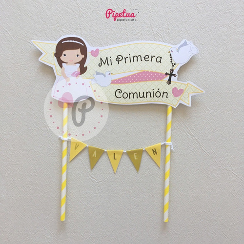 Topper Para Tortas Comunion Personalizados Adorno Torta Rosa