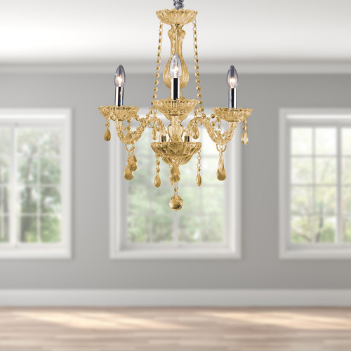 Lustre de Cristal 3 Braços Champagne Âmbar Clássico Maria Thereza Candelabro 3x E14 Bivolt LLUMM Bronzearte