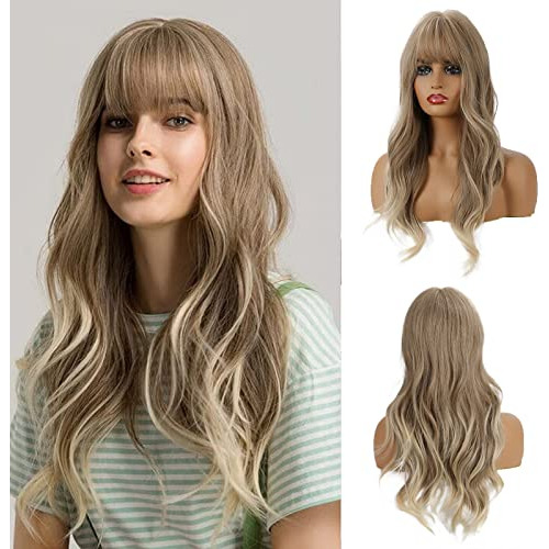 Oufei Long Light Brown Wig Con Bangs Natural Wavy 8dhzz