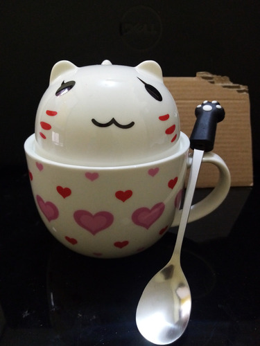 N Taza Doble Y Cuchara Gato Gatito Corazones Kawaii Regalos