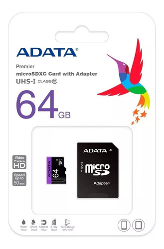 Memoria Micro Sd Hc 64gb Uhs-i Clase 10 Adata Celulares 