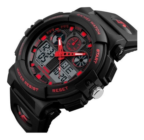 Reloj pulsera Skmei 1270 de cuerpo color negro, analógico-digital, para hombre, fondo negro, con correa de poliuretano color negro, agujas color rojo y blanco, dial rojo, subesferas color gris y negro, minutero/segundero rojo, bisel color negro, luz celeste y hebilla simple