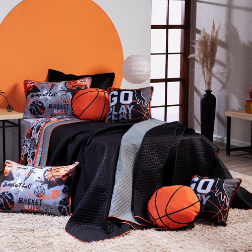 Kit Cobre Leito Basquete Preto C/ Almofadas Solteiro 5 Peças