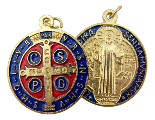 Colgante De Medalla De San Benito Con Esmalte Rojo Y Azul En