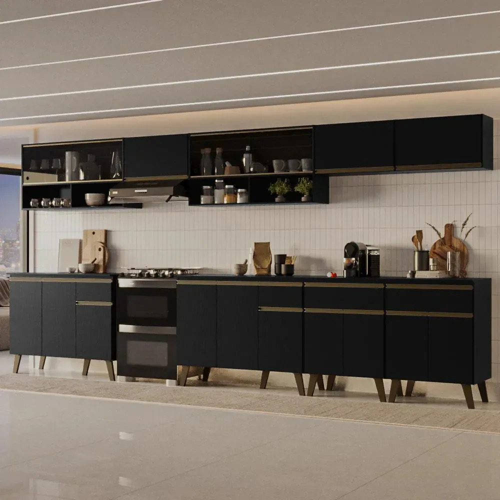 Armário De Cozinha Completa Atlanta Base Carraro Preto Touch Preto Touch