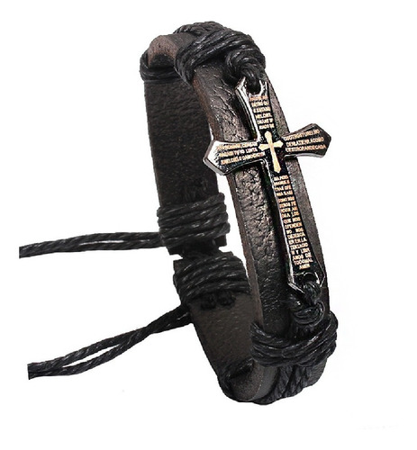 Pulsera Hombre Pulsera Cuero Genuino Dije Acero Cruz Grabada