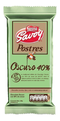Chocolate Oscuro De 40% Para Postres Savoy