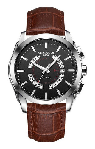 Relógios De Quartzo Masculinos Impermeáveis Kingnuos Leather Cor Do Fundo Marrom/preto