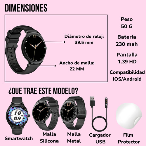 Reloj Smart Watch Mujer Redondo Elegante Gps Doble Malla Negro Milanese Kt67 Negro Doble Malla Film Negro