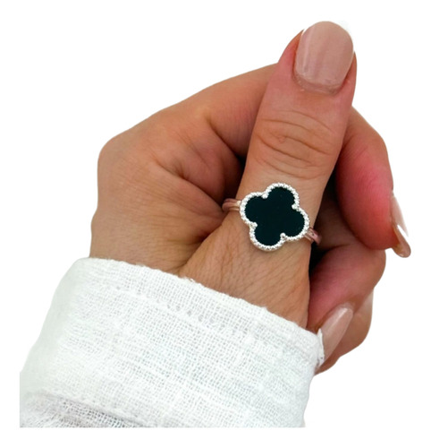 Anillo Trebol Acero Quiruregico Blanco Piedra Negra Talle 19 Negro 19