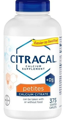Citracal Petites contém 400 mg de cálcio e 500 UI de vitamina D3 por porção para ajudar a alcançar a saúde óssea ideal e reduzir o risco de osteoporose, contendo 375 cápsulas.