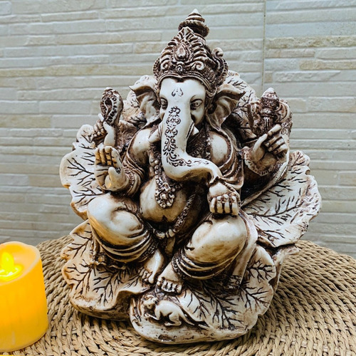 Estatua Ganesha Sobre Flor De Loto 27 Cm Apto Exterior India