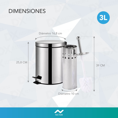 Set Tacho De Basura 3 Lts Y Escobilla Baño Acero Inoxidable