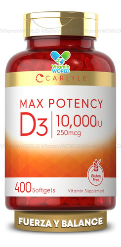 Carlyle Vitamina D3 10,000iu 250 Mcg 400 Softgels Sabor Sin Sabor