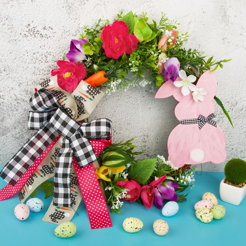 Corona Decorativa Pascua For Puerta Con Conejo Flores Hojas