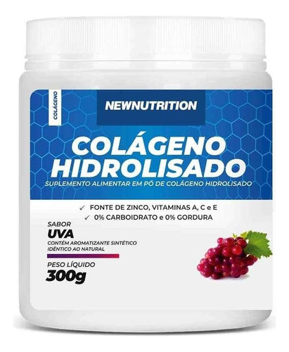 Colágeno Hidrolisado Em Pó Com Vitaminas 300g New Nutrition Sabor Uva