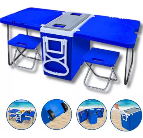 Caixa Térmica 32 L Com Mesa E Cadeira Praia Camping 5 Em 1 Cor Azul