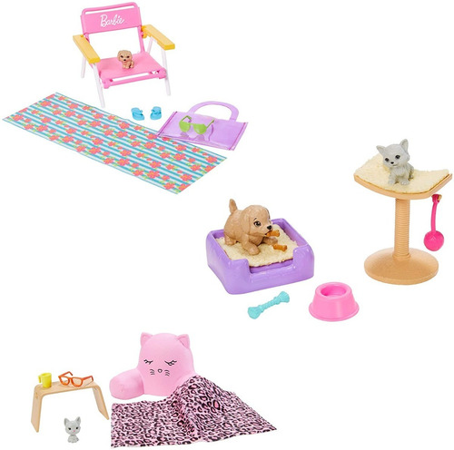 Imagem 2 de 8 de Barbie 3 Sets De Acessórios Pets Casa Gato Cachorro