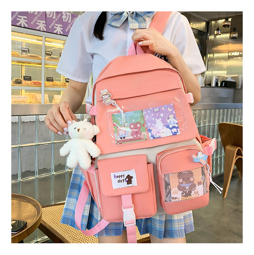 Kit De Mochila Juvenil 5 Pzs Kawaii Modelo Llavero Oso 572