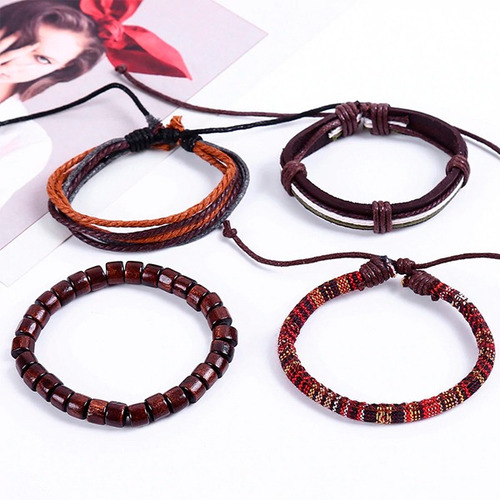 Imagen 3 de 5 de Set De 4 Pulseras De Cuero Madera Y Tela
