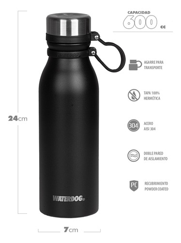 Botella Termica Waterdog Buho 600ml Frio/calor Acero Inox Color Negro