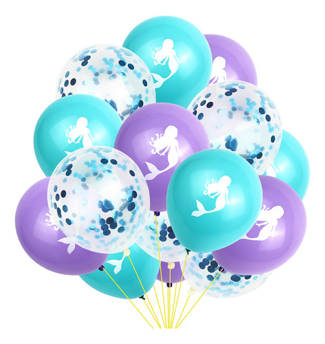 Set De 15 Globos De Confeti Con Diseño De Sirena Y Lentejuel