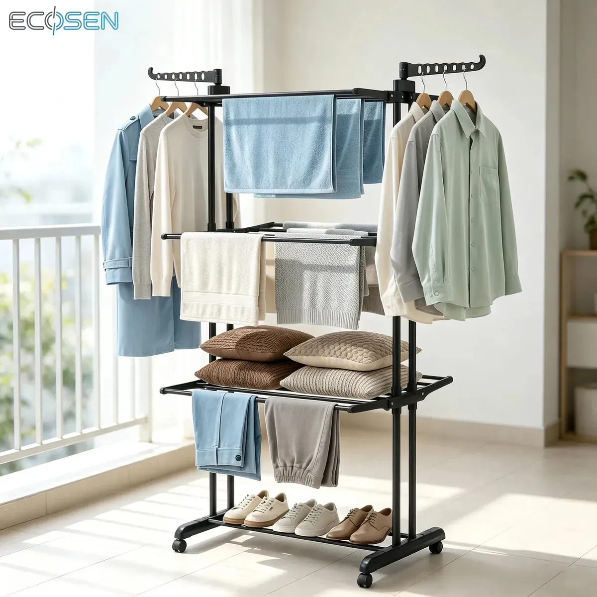 Tendedero Plegable de Ropa con Ruedas y Alas Desplegables