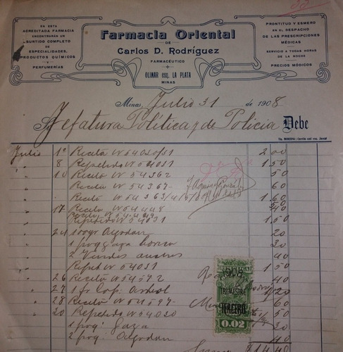 Factura Farmacia Oriental Ciudad De Minas Con Timbre De 1908