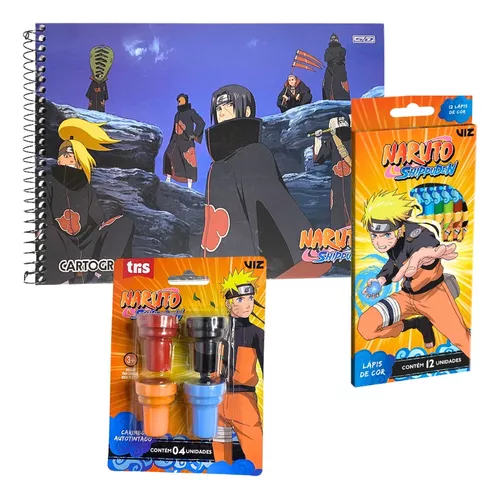 Caderno Desenho Naruto Lápis De Cor Carimbo Apontador e Borracha