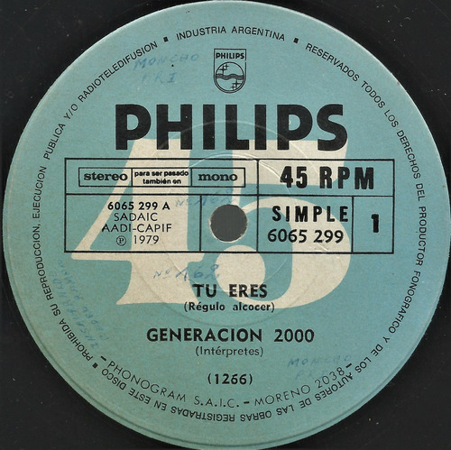 Generacion 2000 - Tu Eres / Tengo Miedo - Simple Vinilo