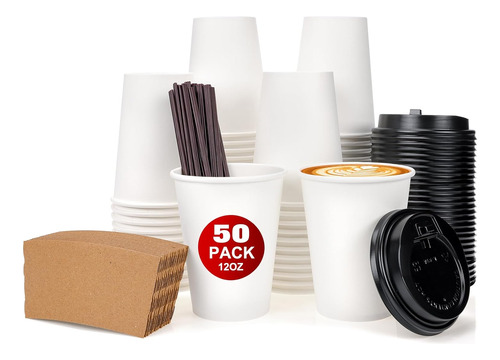 Tazas De Café De Papel Con Tapa Moretoes, 50 Unidades, 12 Oz