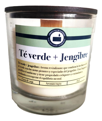 Vela Aromática De Soja Frasco Vidrio C/tapa Crema Lisa Té Verde Y Jengibre