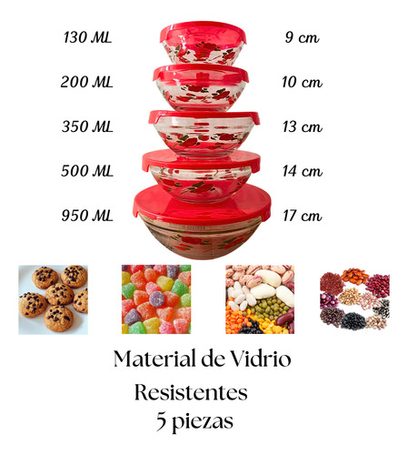 Set De 5 Bowls Hermeticos Vidrio Con Tapa Tupper Contenedor Rojo