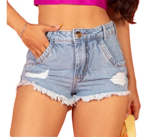 Short Jeans Feminino Cintura Alta Desfiado Curto Rasgado