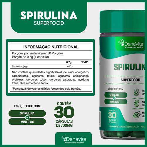 Kit 2x Spirulina Pura Fonte De Proteínas Superfoods Denavita